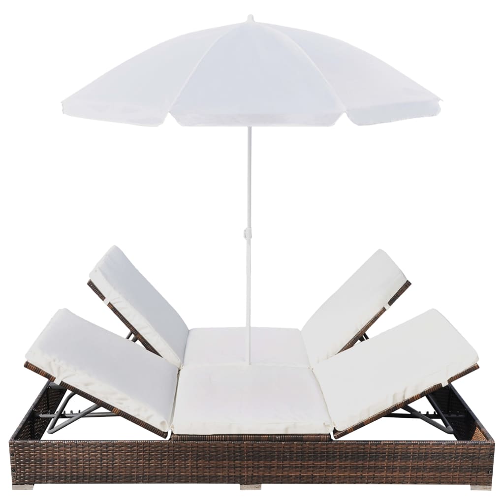 Outdoor lounge bed with parasol poly rattan brown