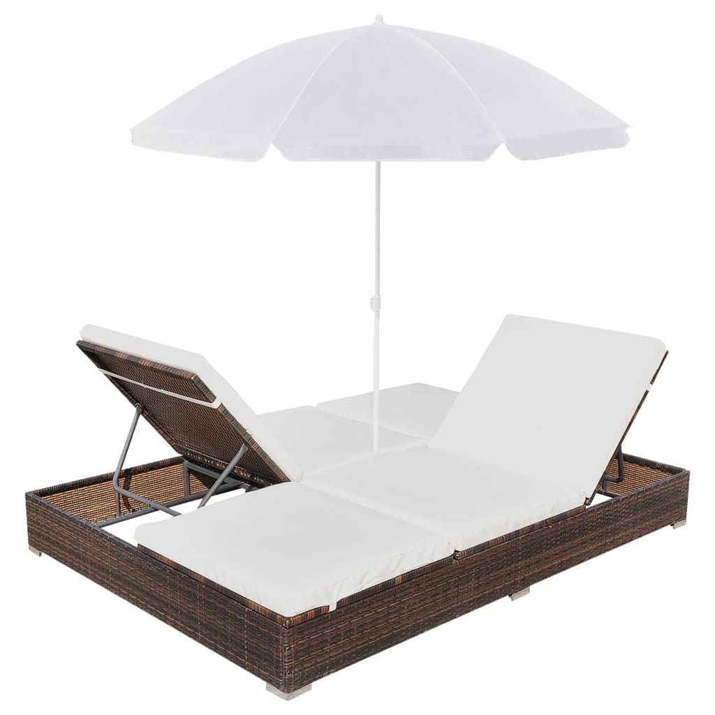 Outdoor lounge bed with parasol poly rattan brown