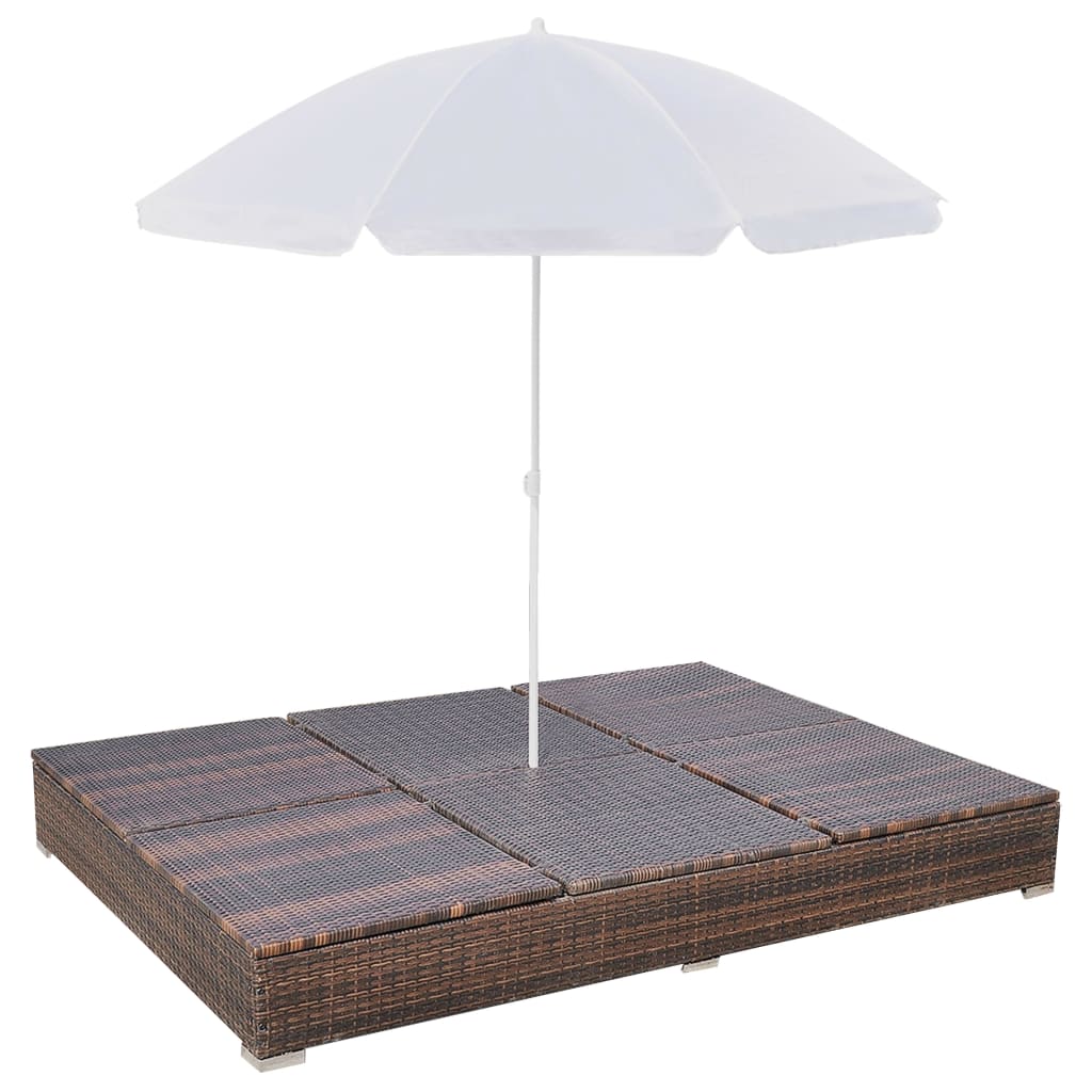 Outdoor lounge bed with parasol poly rattan brown