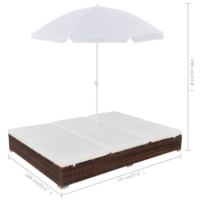 Outdoor lounge bed with parasol poly rattan brown