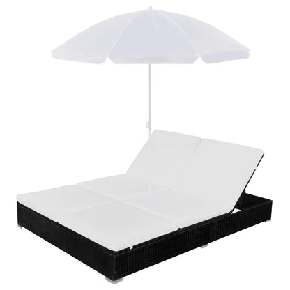 Outdoor-Loungebett mit Sonnenschirm Poly Rattan Schwarz