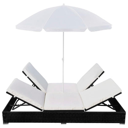 Outdoor-Loungebett mit Sonnenschirm Poly Rattan Schwarz