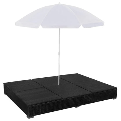 Outdoor-Loungebett mit Sonnenschirm Poly Rattan Schwarz