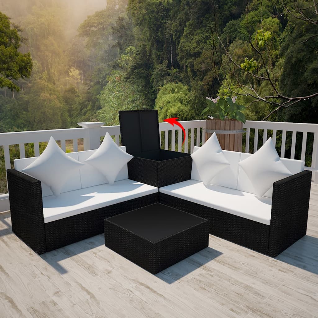 4-tlg. Garten-Lounge-Set mit Auflagen Poly Rattan Schwarz