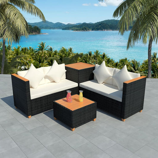 4-piece garden lounge set with cushions poly rattan black