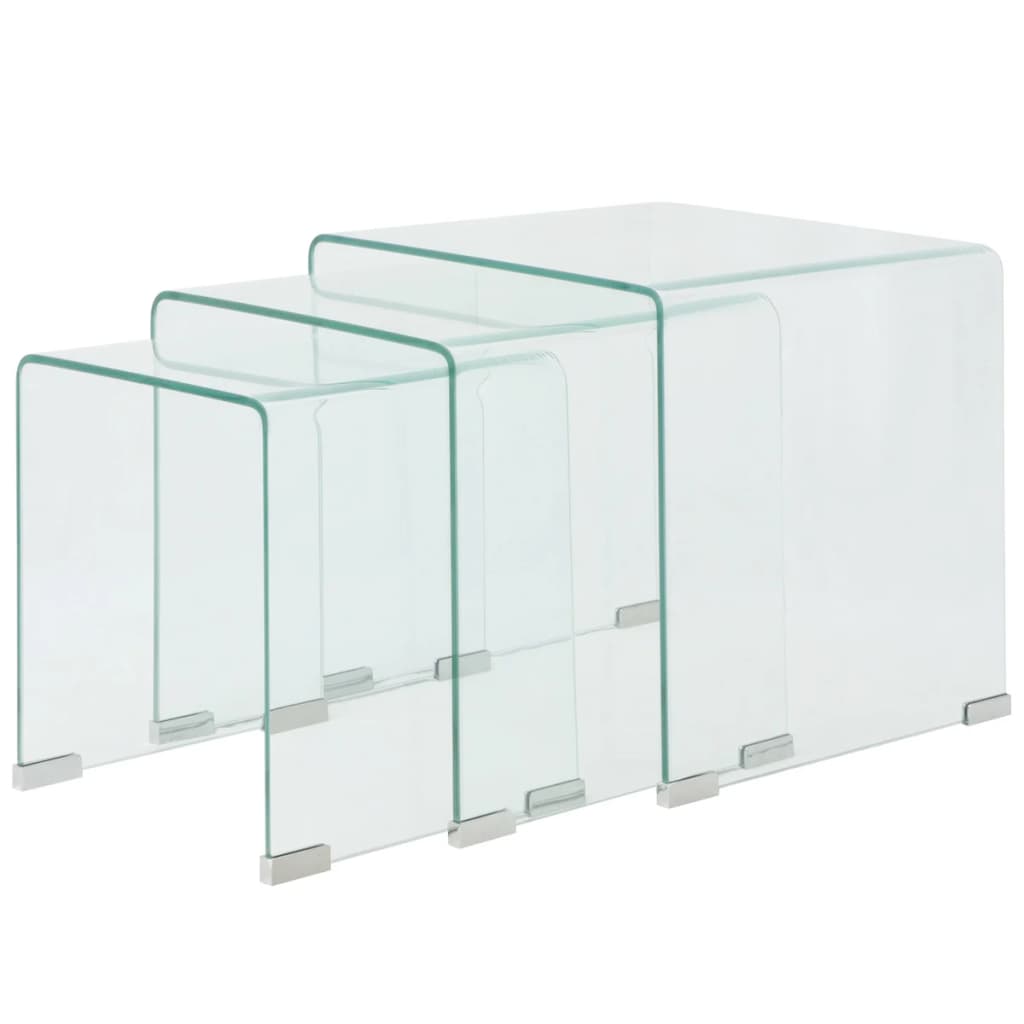 Three-piece nesting table set made of tempered glass transparent