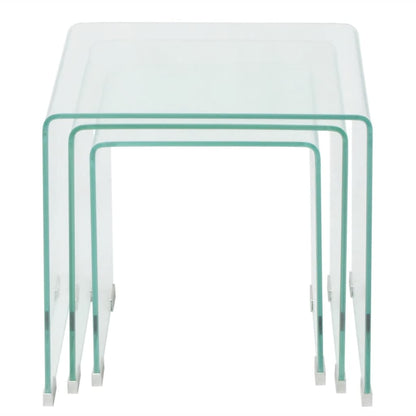 Three-piece nesting table set made of tempered glass transparent