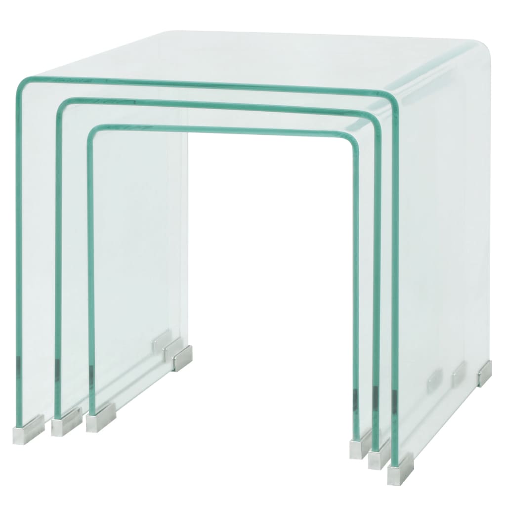 Three-piece nesting table set made of tempered glass transparent