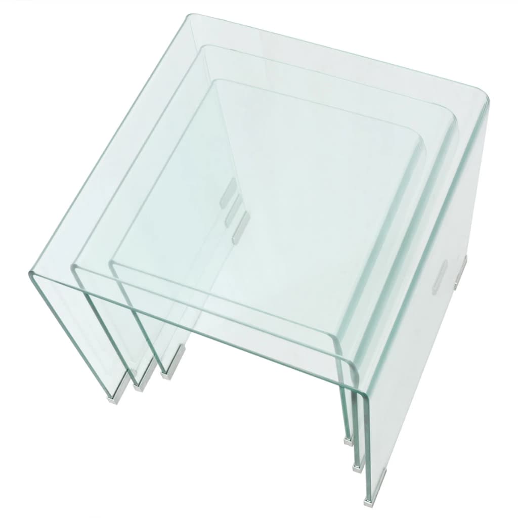 Three-piece nesting table set made of tempered glass transparent