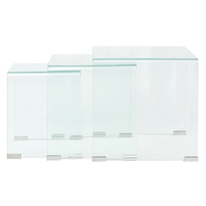 Three-piece nesting table set made of tempered glass transparent