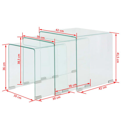 Three-piece nesting table set made of tempered glass transparent