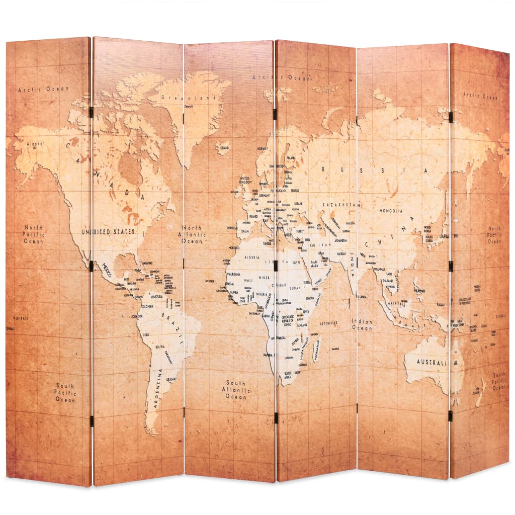 Foldable room divider 228 x 170 cm world map yellow