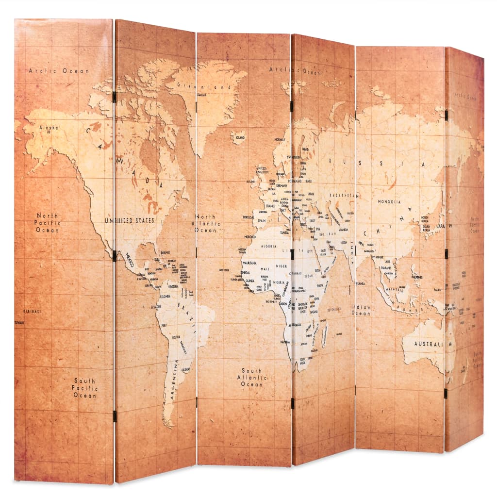 Foldable room divider 228 x 170 cm world map yellow