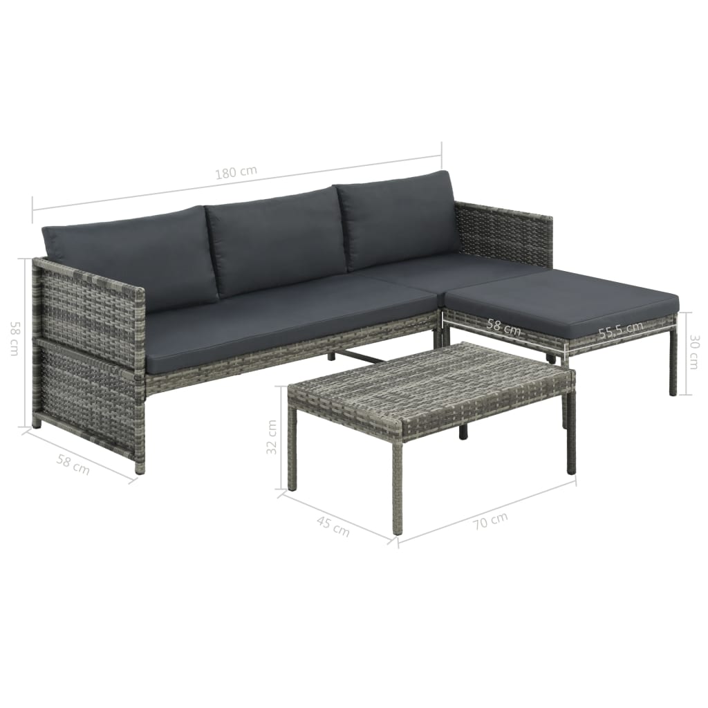 3-tlg. Garten-Lounge-Set mit Auflagen Poly Rattan Grau