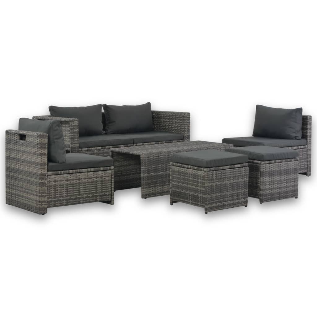 6-tlg. Garten-Lounge-Set mit Polstern Poly Rattan Grau