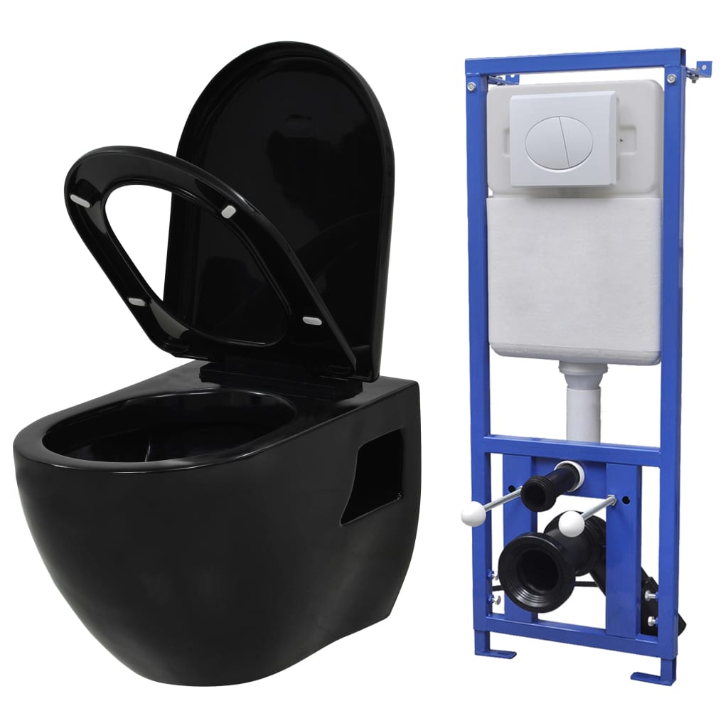 Wall-hung toilet with built-in cistern ceramic black