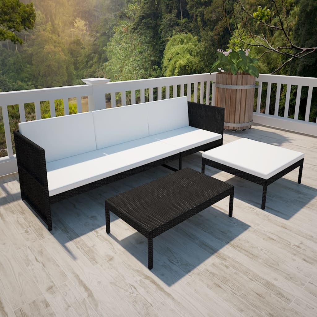 3-tlg. Garten-Lounge-Set mit Kissen Poly-Rattan Schwarz