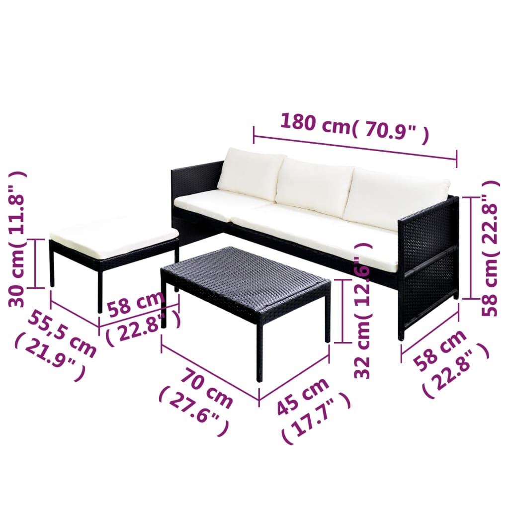 3-tlg. Garten-Lounge-Set mit Kissen Poly-Rattan Schwarz