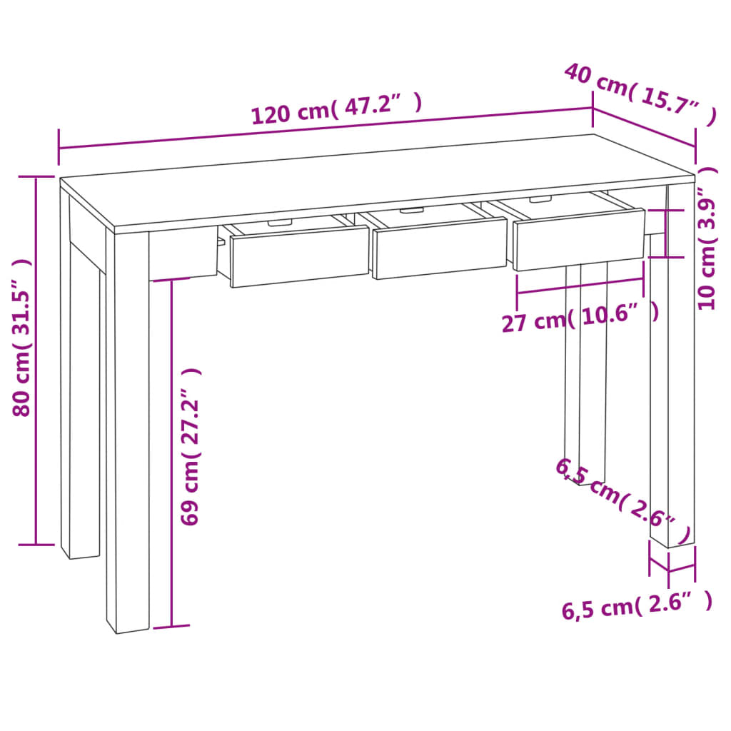 Console table with 3 drawers 80 cm solid rosewood