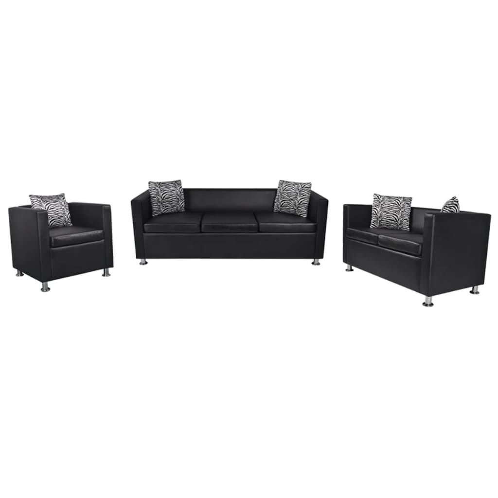 Sofa-Set Kunstleder 3-Sitzer + 2-Sitzer + Sessel Schwarz