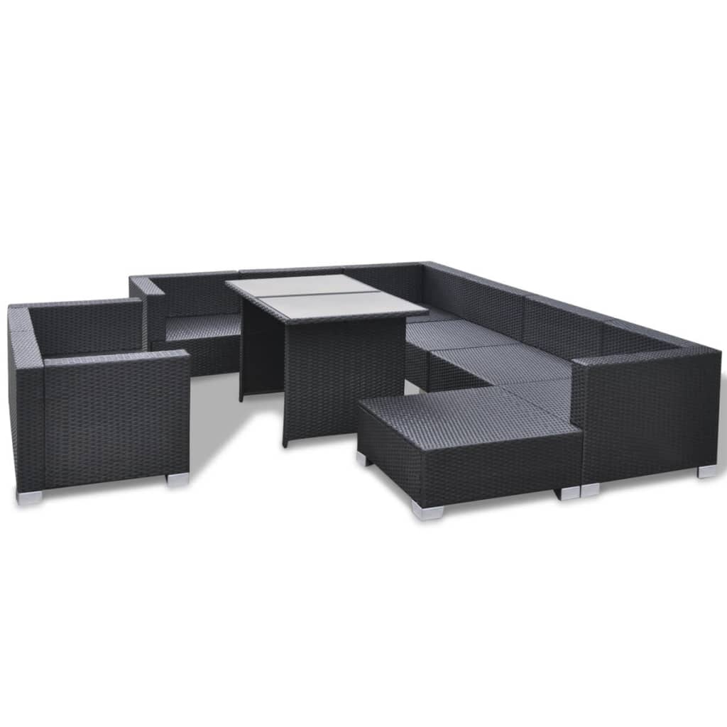 10-tlg. Garten-Lounge-Set mit Auflagen Poly Rattan Schwarz