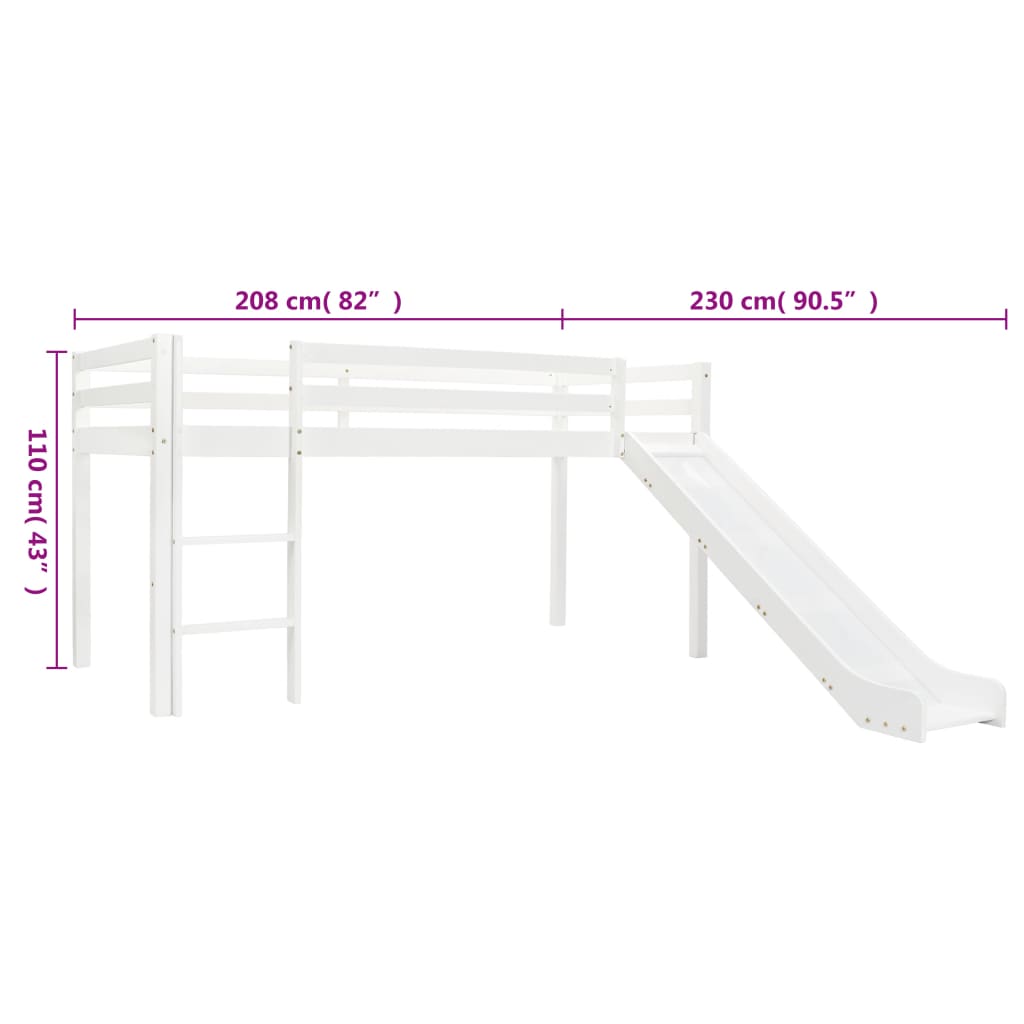 Children's loft bed frame with slide &amp; ladder pinewood 97x208cm