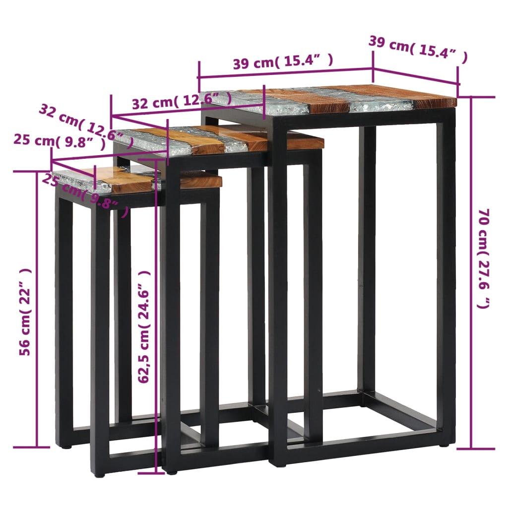 Satztische 3 Stk. Massivholz Teak und Polyresin