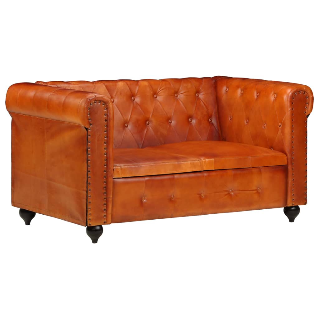 Chesterfield sofa 2-seater light brown genuine leather