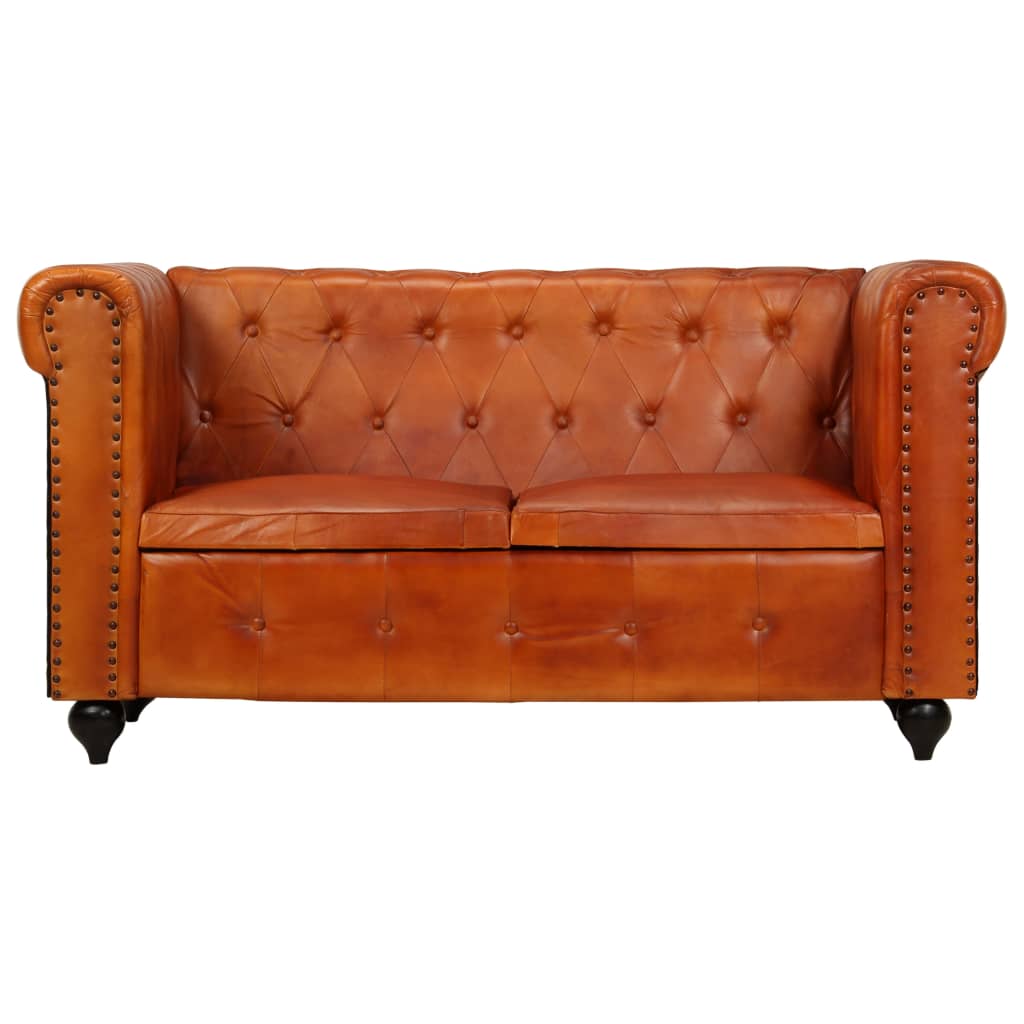 Chesterfield sofa 2-seater light brown genuine leather