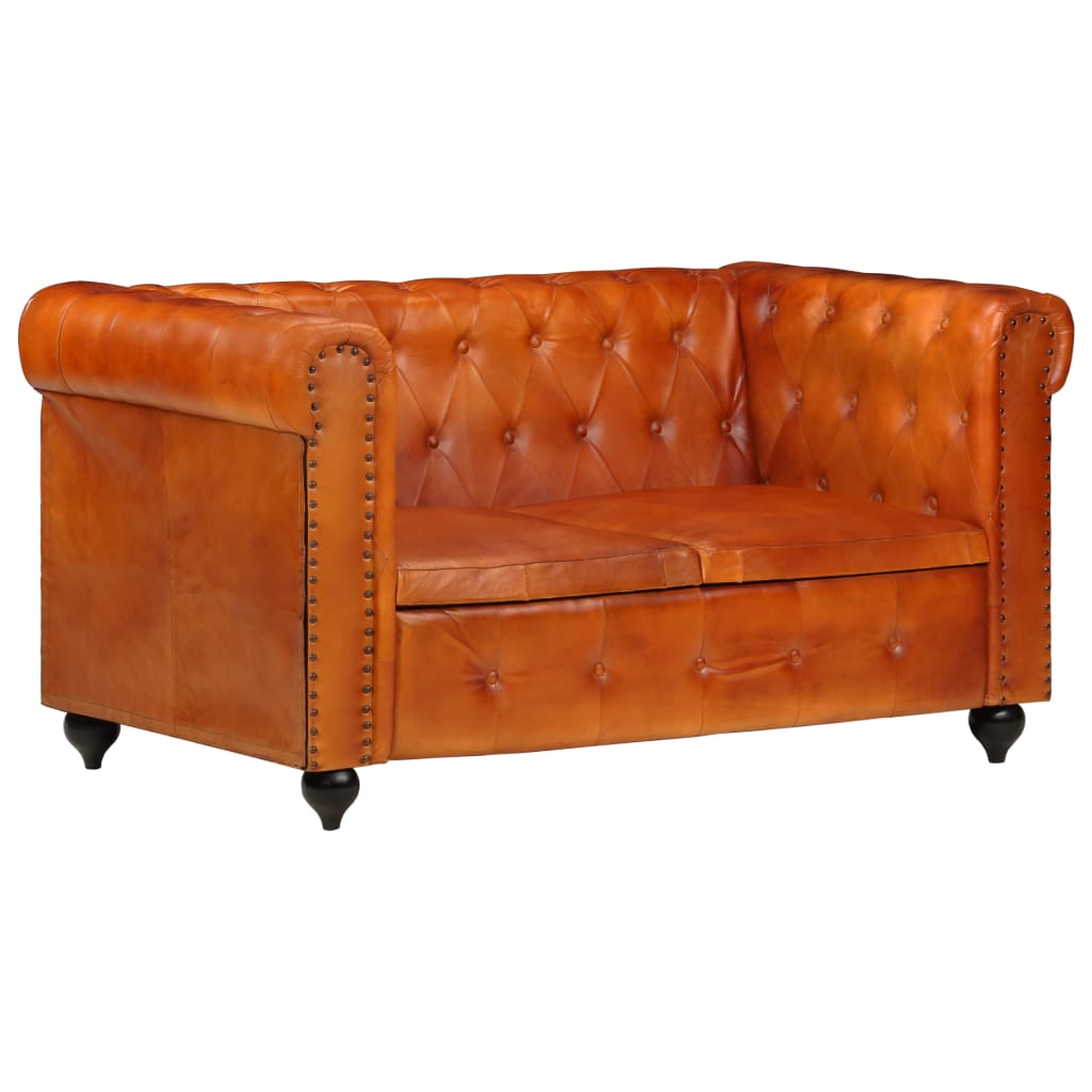 Chesterfield sofa 2-seater light brown genuine leather