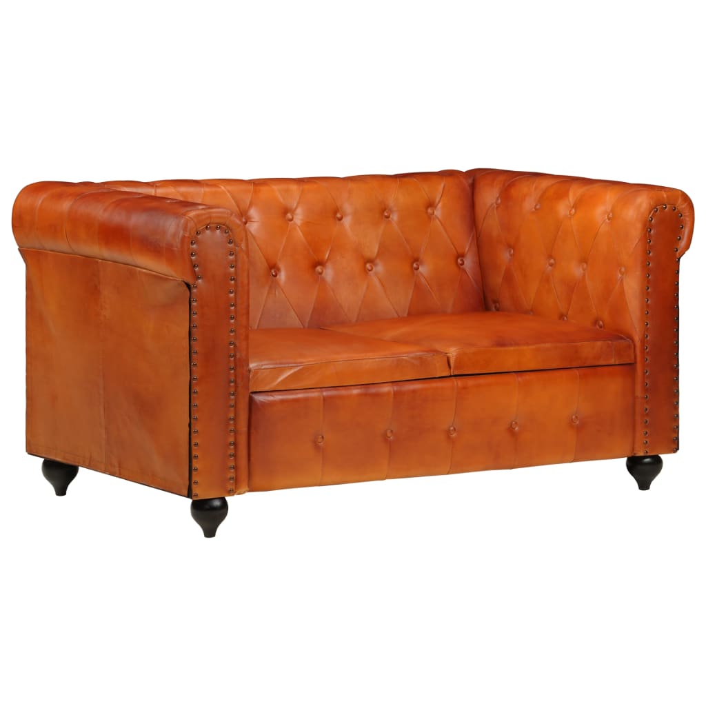 Chesterfield sofa 2-seater light brown genuine leather