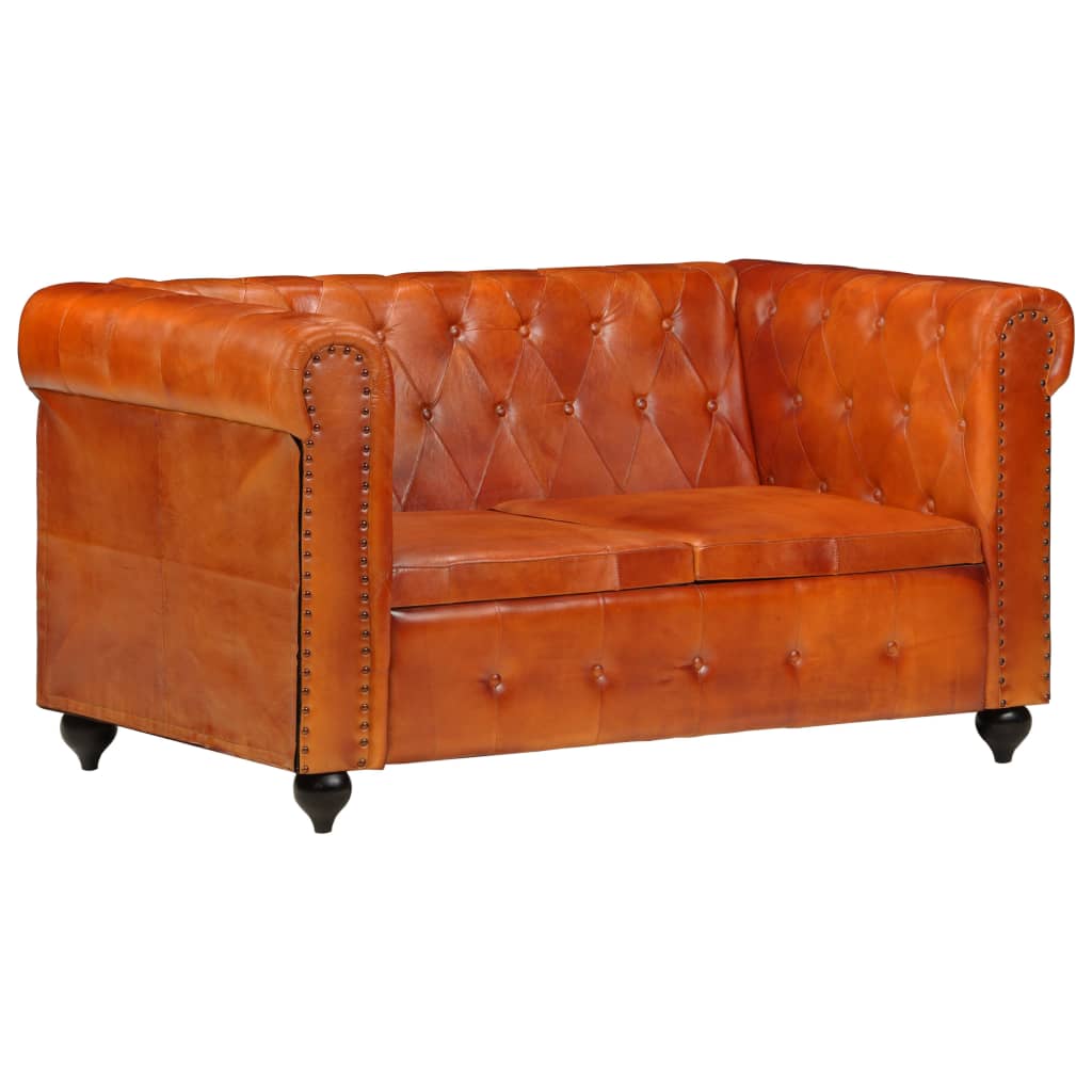 Chesterfield sofa 2-seater light brown genuine leather