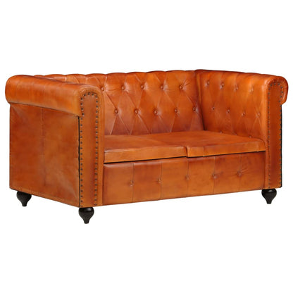 Chesterfield sofa 2-seater light brown genuine leather