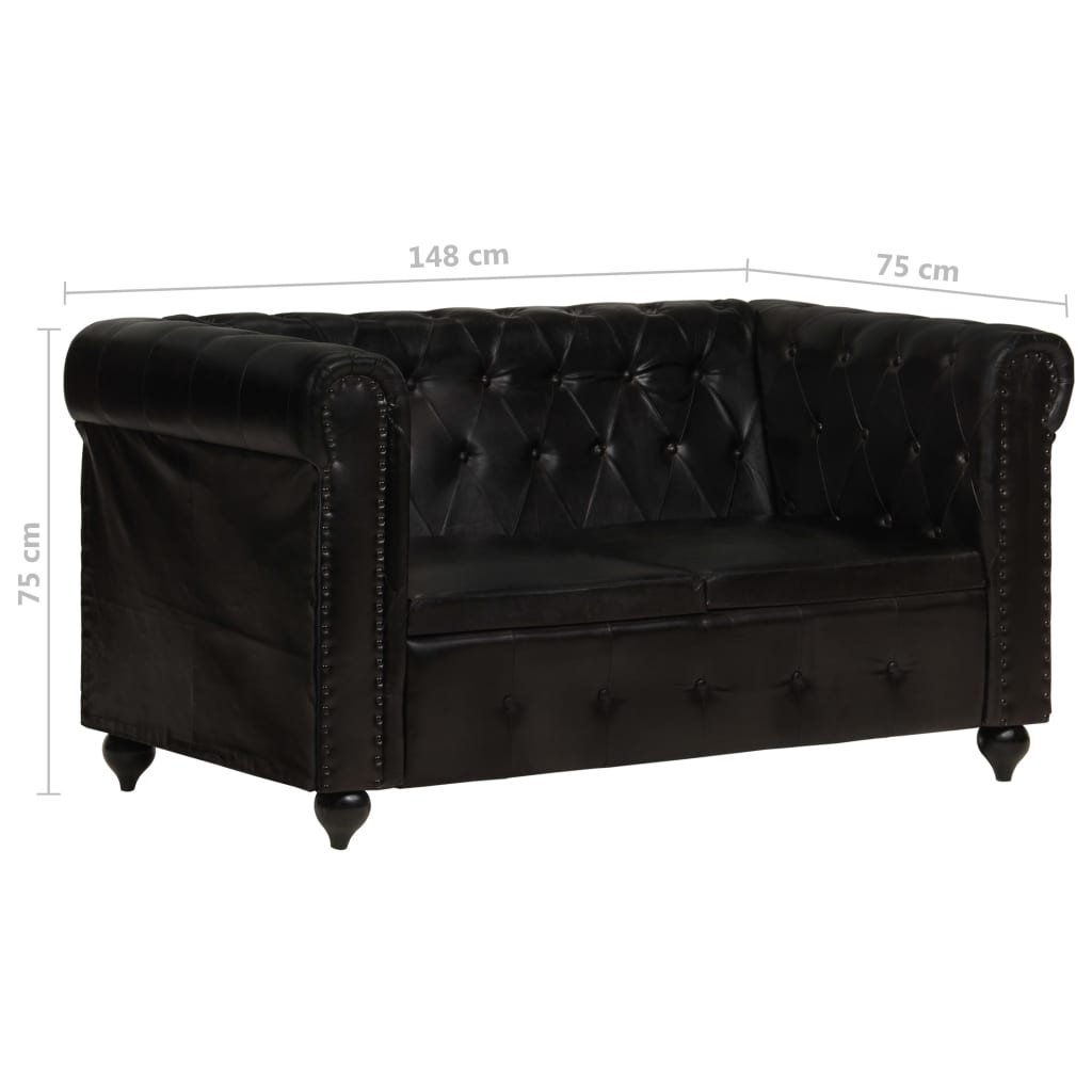 Chesterfield sofa 2-seater black genuine leather