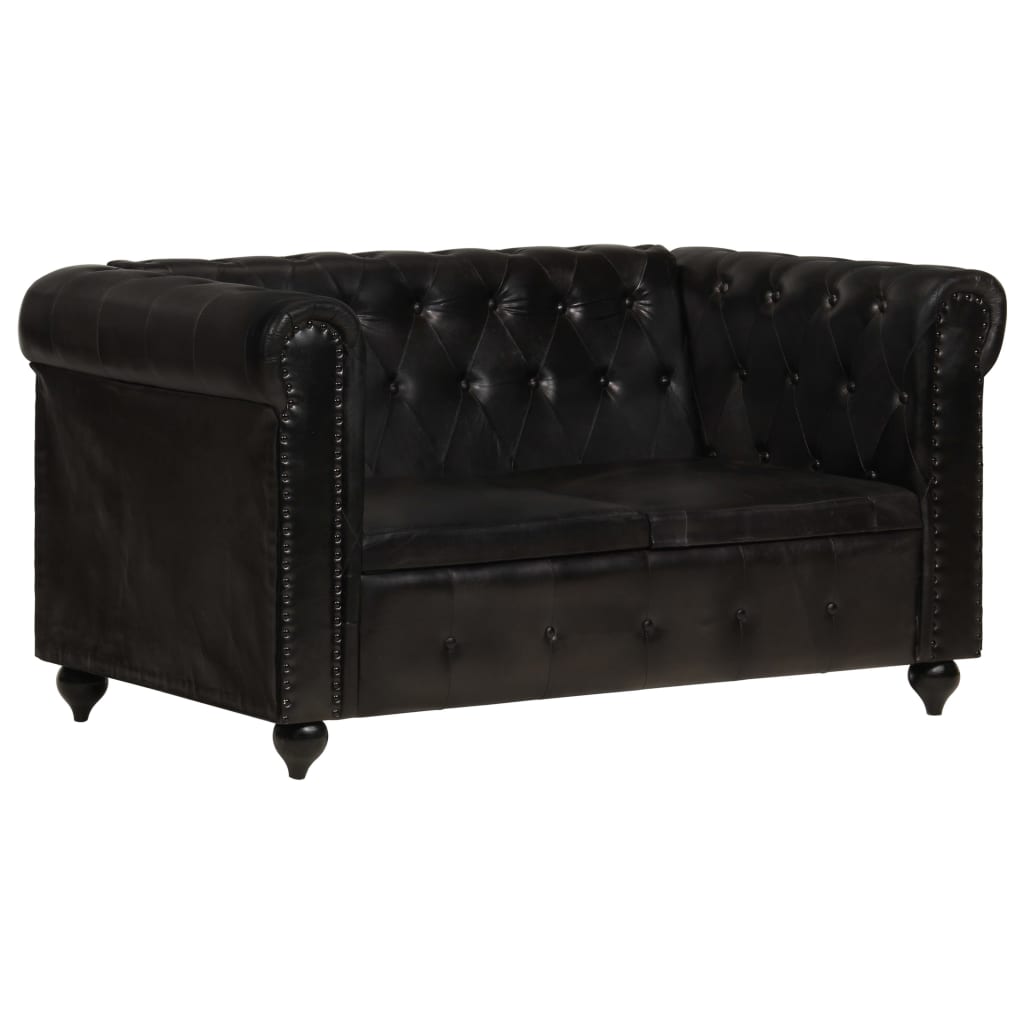 Chesterfield sofa 2-seater black genuine leather