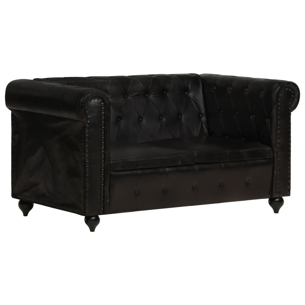 Chesterfield sofa 2-seater black genuine leather