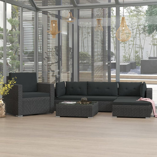 6-tlg. Garten-Lounge-Set mit Kissen Poly Rattan Schwarz