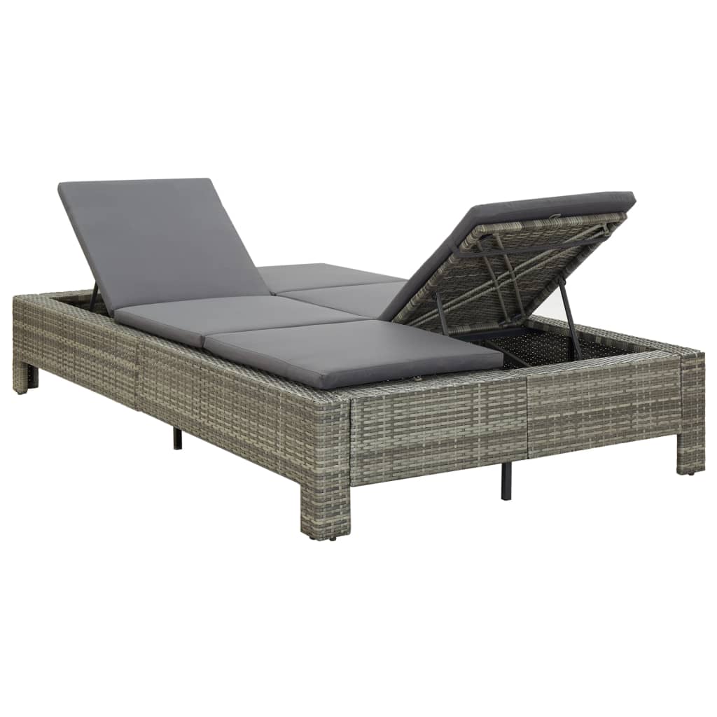 2-Personen-Sonnenliege mit Auflage Grau Poly Rattan