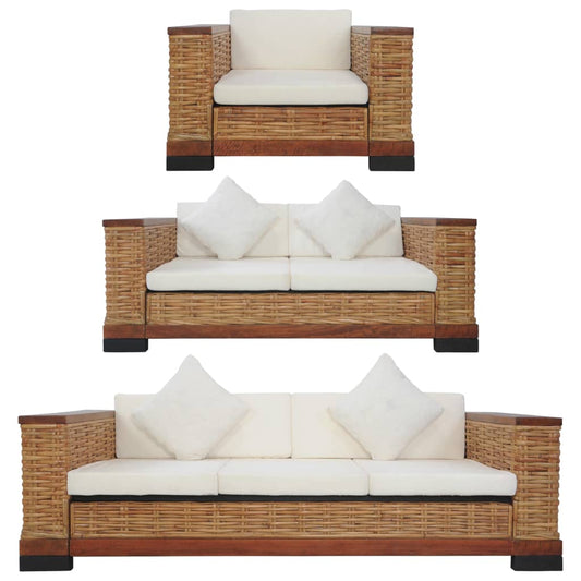 3-piece sofa set with cushions brown natural rattan