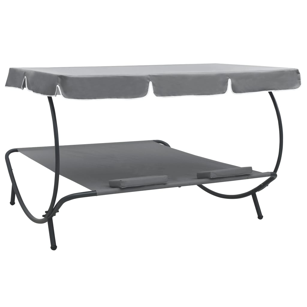 Sun lounger with sun canopy and cushions grey