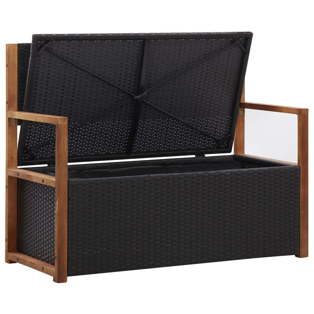 Bank mit Stauraum 115 cm Poly Rattan Massivholz Akazie Schwarz