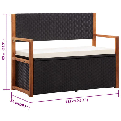 Bank mit Stauraum 115 cm Poly Rattan Massivholz Akazie Schwarz