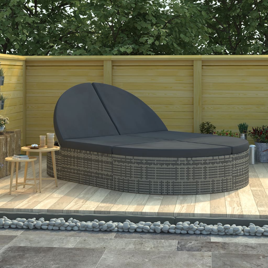 Double sun lounger with cushion poly rattan grey