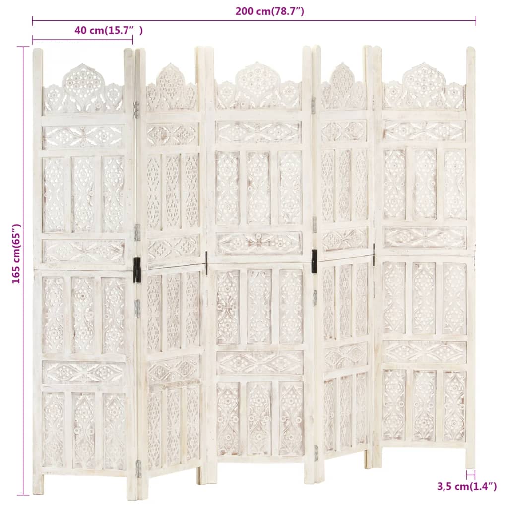 5-piece room divider hand-carved white 200×165cm mango solid wood