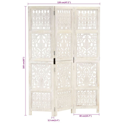 3-piece room divider hand-carved white 120×165cm mango solid wood