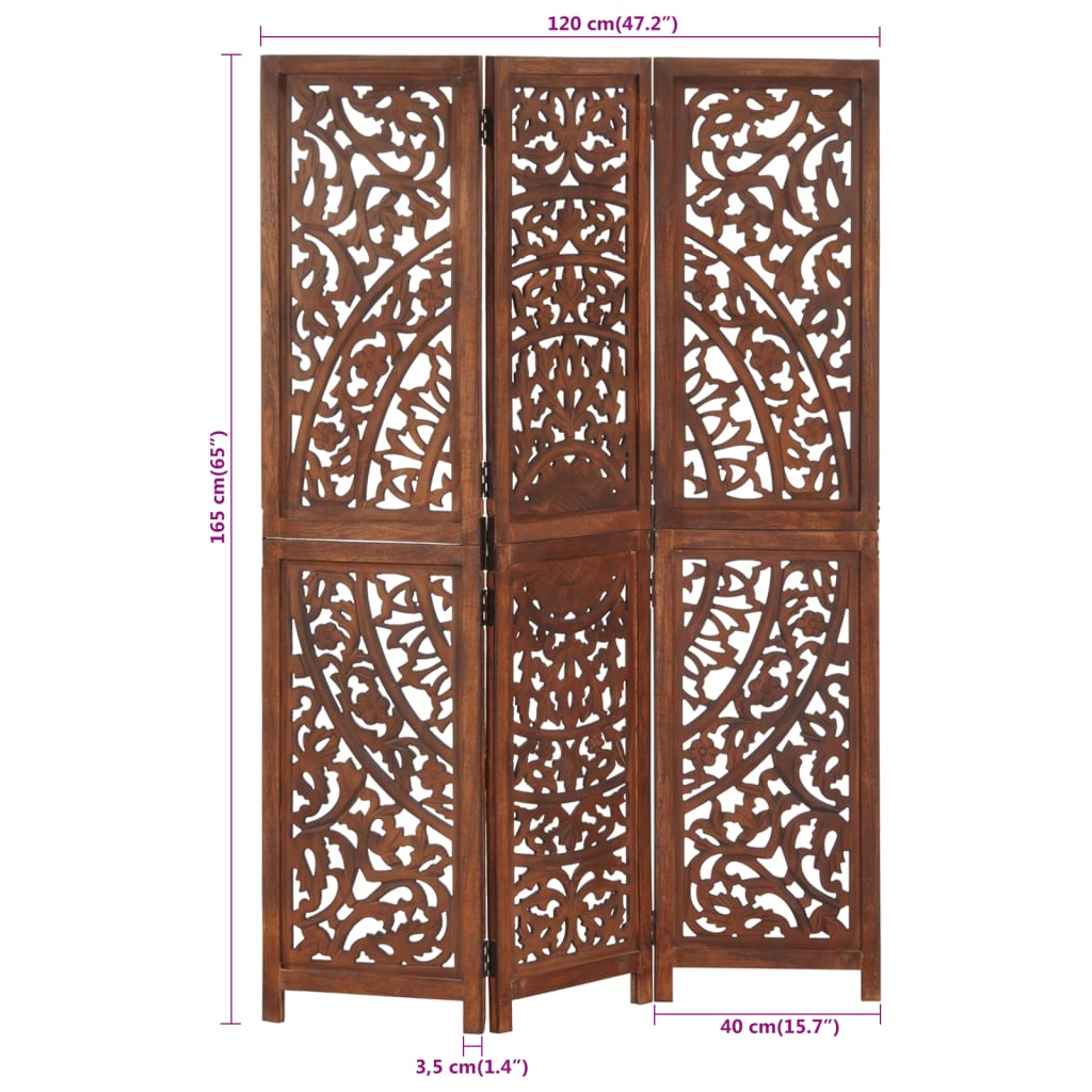 3-piece room divider hand-carved brown 120×165 cm mango wood