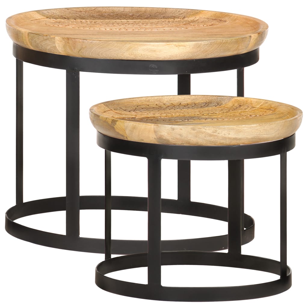 Round side tables 2 pcs. Mango solid wood and steel