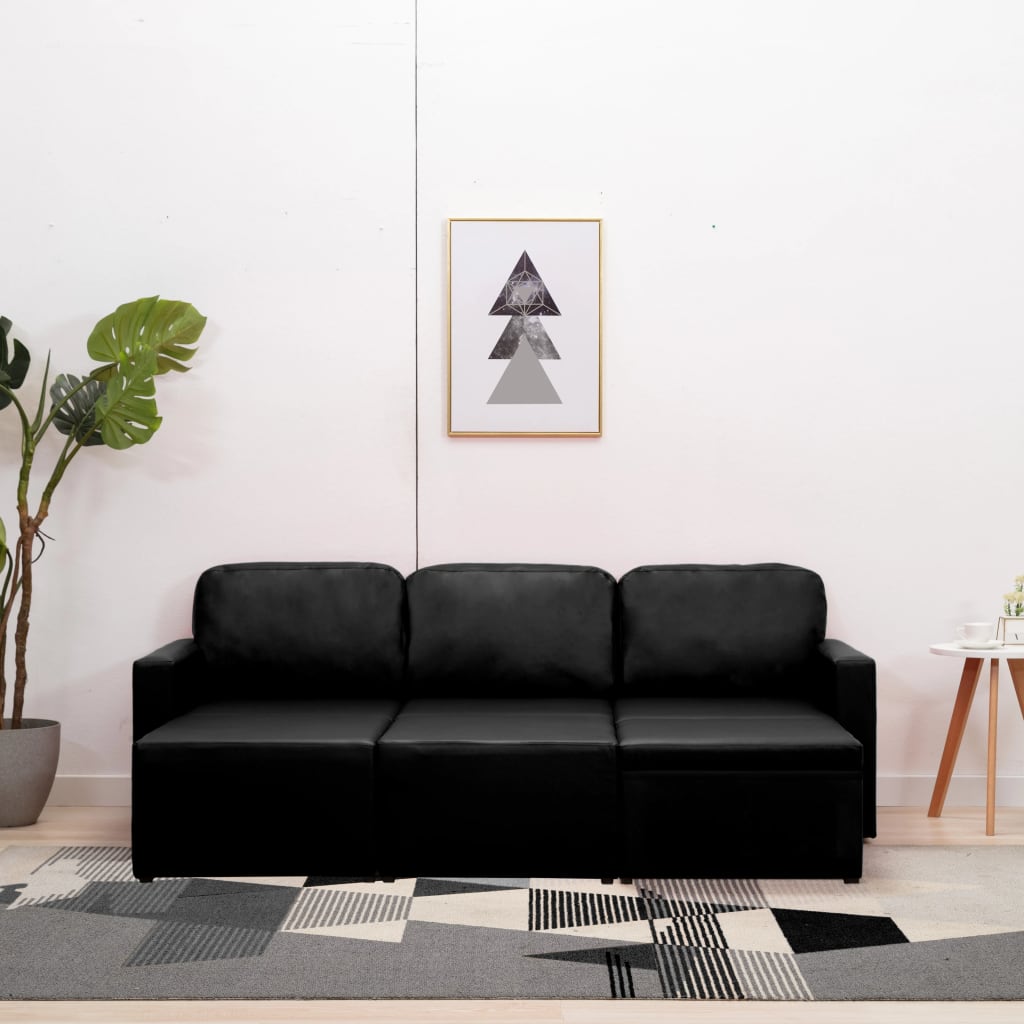 Modulares 3-Sitzer Schlafsofa Schwarz Kunstleder