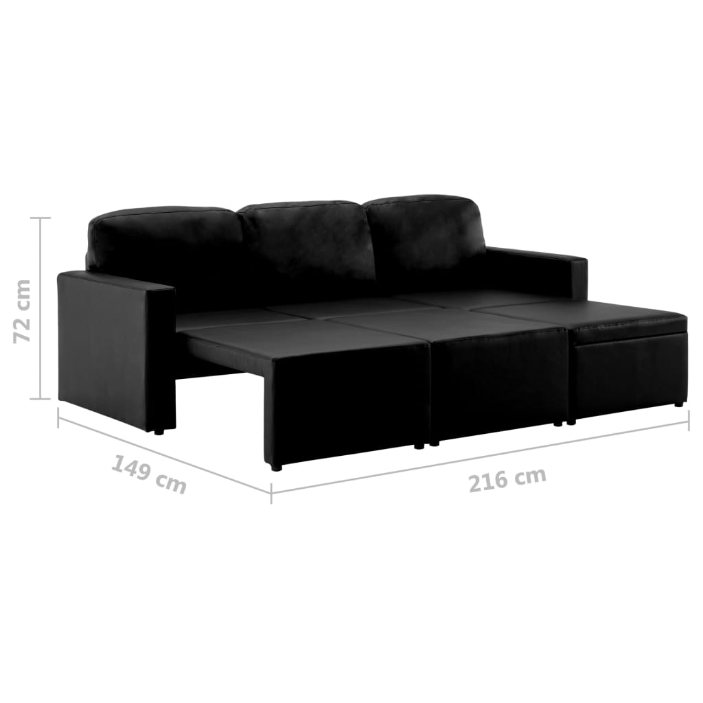 Modulares 3-Sitzer Schlafsofa Schwarz Kunstleder