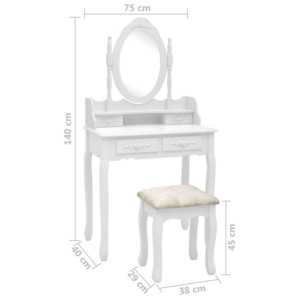 Schminktisch-Set mit Hocker Weiß 75x69x140cm Paulownia-Holz